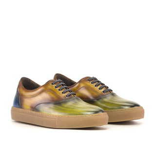 Ambrogio Handmade Men's Shoes Blue, Green & Cognac Patina Leather Casual Sneakers (AMB2338)-AmbrogioShoes