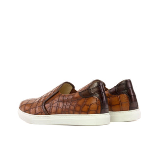 Ambrogio Handmade Men's Shoes Brown Crocodile Print Leather Slip-On Sneakers (AMB2274)-AmbrogioShoes