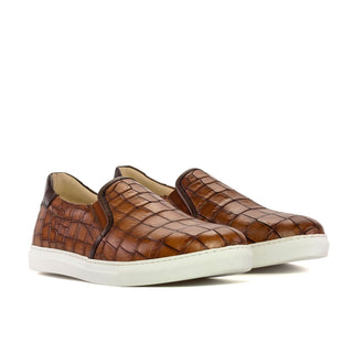 Ambrogio Handmade Men's Shoes Brown Crocodile Print Leather Slip-On Sneakers (AMB2274)-AmbrogioShoes