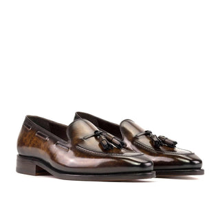 Ambrogio Handmade Men's Shoes Brown Patina Leather Tassels Loafers (AMB2312)-AmbrogioShoes