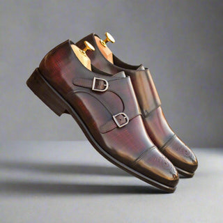 Ambrogio Handmade Men's Shoes Burgundy Patina Leather Monk-Straps Loafers (AMB2353)-AmbrogioShoes