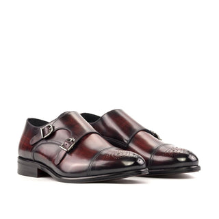 Ambrogio Handmade Men's Shoes Burgundy Patina Leather Monk-Straps Loafers (AMB2353)-AmbrogioShoes