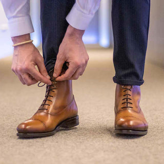 Ambrogio Handmade Men's Shoes Cognac Calf-Skin Leather Balmoral Boots (AMB2334)-AmbrogioShoes