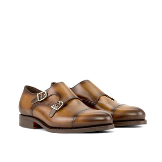 Ambrogio Handmade Men's Shoes Cognac Calf-Skin Leather Cap-Toe Monk-Straps Loafers (AMB2301)-AmbrogioShoes