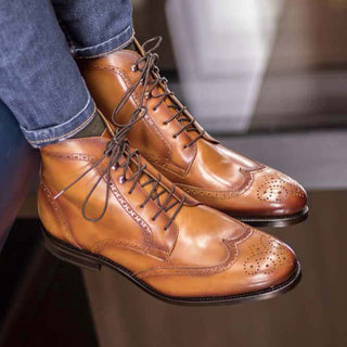 Ambrogio Handmade Men's Shoes Cognac Calf-Skin Leather Military Brogue Boots (AMB2329)-AmbrogioShoes