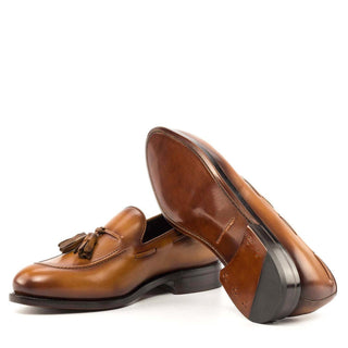 Ambrogio Handmade Men's Shoes Cognac Calf-Skin Leather Tassels Loafers (AMB2269)-AmbrogioShoes