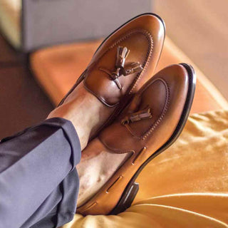 Ambrogio Handmade Men's Shoes Cognac Calf-Skin Leather Tassels Loafers (AMB2269)-AmbrogioShoes