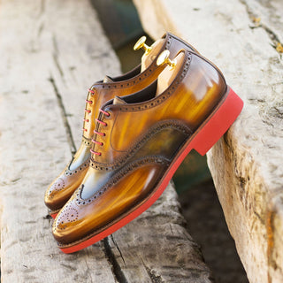Ambrogio Handmade Men's Shoes Cognac & Green Patina Leather Brogue Oxfords (AMB2246)-AmbrogioShoes