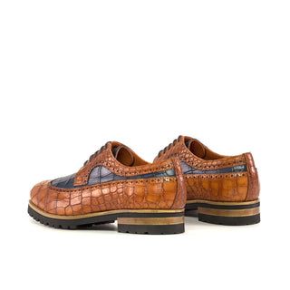 Ambrogio Handmade Men's Shoes Cognac & Navy Crocodile Print Leather Longwing Blucher Oxfords (AMB2343)-AmbrogioShoes