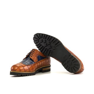 Ambrogio Handmade Men's Shoes Cognac & Navy Crocodile Print Leather Longwing Blucher Oxfords (AMB2343)-AmbrogioShoes