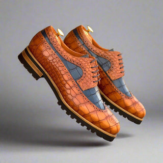 Ambrogio Handmade Men's Shoes Cognac & Navy Crocodile Print Leather Longwing Blucher Oxfords (AMB2343)-AmbrogioShoes