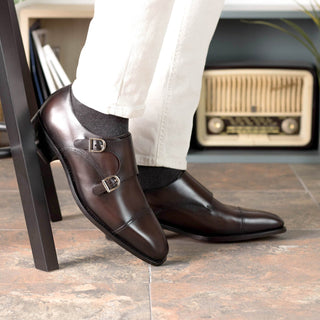 Ambrogio Handmade Men's Shoes Dark Brown Calf-Skin Leather Monk-Straps Loafers (AMB2296)-AmbrogioShoes