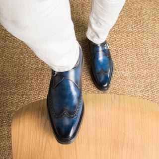 Ambrogio Handmade Men's Shoes Denim Patina Leather Monk Strap (AMB2409)-AmbrogioShoes