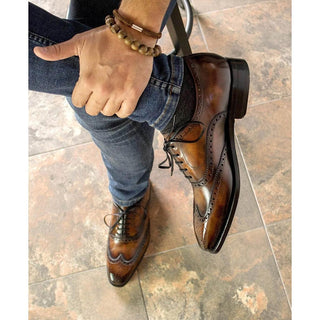 Ambrogio Handmade Men's Shoes Fire Patina Leather Wingtip Oxfords (AMB2374)-AmbrogioShoes