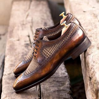 Ambrogio Handmade Men's Shoes Fire Tweed Fabric / Patina Leather Blucher Oxfords (AMB2260)-AmbrogioShoes