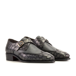 Ambrogio Handmade Men's Shoes Gray Crocodile Print / Calf-Skin Leather Monk Strap (AMB2337)-AmbrogioShoes