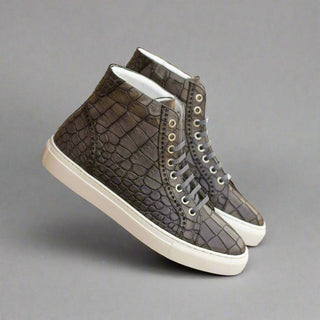 Ambrogio Handmade Men's Shoes Gray Crocodile Print Leather Casual High-Top Sneakers (AMB2234)-AmbrogioShoes