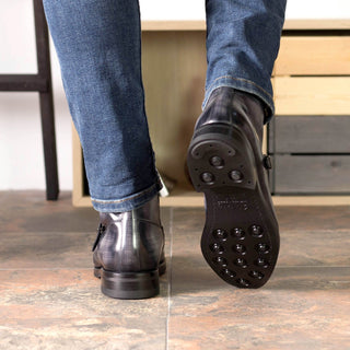 Ambrogio Handmade Men's Shoes Gray Patina Leather Buckle Boots (AMB2383)-AmbrogioShoes