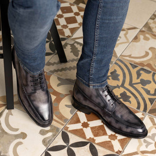 Ambrogio Handmade Men's Shoes Gray Patina Leather Moccasin Boots (AMB2402)-AmbrogioShoes