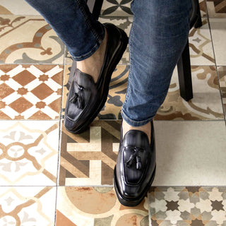 Ambrogio Handmade Men's Shoes Gray Patina Leather Tassels Loafers (AMB2297)-AmbrogioShoes