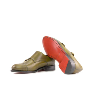 Ambrogio Handmade Men's Shoes Green Calf-Skin Leather Cap-Toe Monk-Straps Loafers (AMB2331-AmbrogioShoes