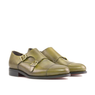 Ambrogio Handmade Men's Shoes Green Calf-Skin Leather Cap-Toe Monk-Straps Loafers (AMB2331-AmbrogioShoes