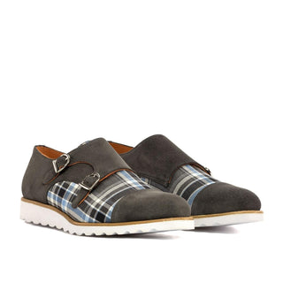 Ambrogio Handmade Men's Shoes Multi-Color Plaid Sartorial / Suede Leather Monk-Straps Loafers (AMB2349)-AmbrogioShoes