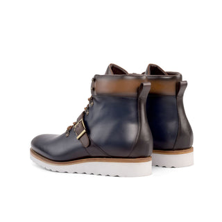 Ambrogio Handmade Men's Shoes Navy & Two-Tone Brown Calf-Skin Leather Hiking Boots (AMB2357)-AmbrogioShoes