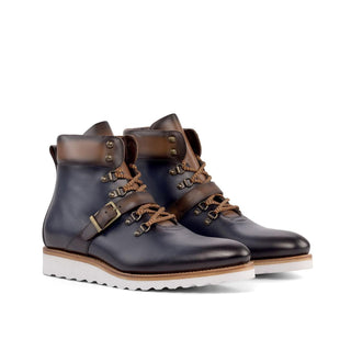 Ambrogio Handmade Men's Shoes Navy & Two-Tone Brown Calf-Skin Leather Hiking Boots (AMB2357)-AmbrogioShoes