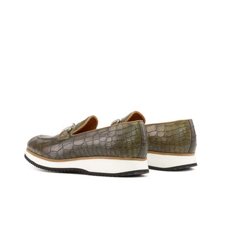 Ambrogio Handmade Men's Shoes Olive Crocodile Print Leather Horsebit Loafers (AMB2273)-AmbrogioShoes