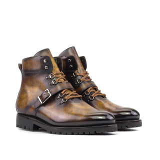 Ambrogio Handmade Men's Shoes Tobacco Patina Leather Hiking Boots (AMB2395)-AmbrogioShoes