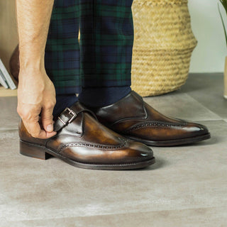 Ambrogio Handmade Men's Shoes Tobacco Patina Leather Wingtip Monk-Straps Loafers (AMB2307)-AmbrogioShoes