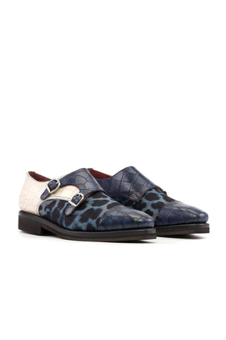 Ambrogio Handmade Multi-Color Crocodile Embossed Leather / Fabric Monk-Straps Loafers (AMB2277)-AmbrogioShoes