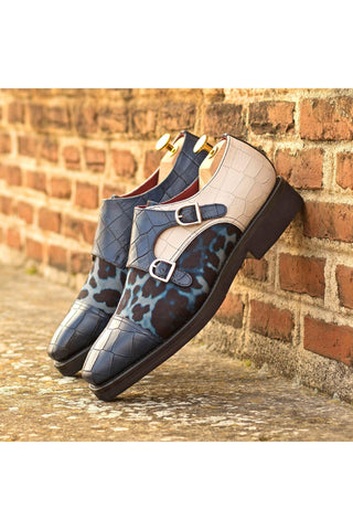 Ambrogio Handmade Multi-Color Crocodile Print Leather / Fabric Monk-Straps Loafers (AMB2277)-AmbrogioShoes