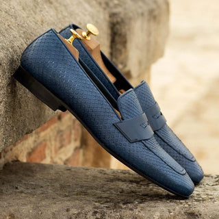 Ambrogio Handmade Navy Python / Calf-Skin Leather Drake Penny Loafers (AMB2266)-AmbrogioShoes