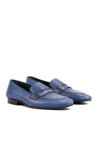 Ambrogio Handmade Navy Python / Calf-Skin Leather Drake Penny Loafers (AMB2266)-AmbrogioShoes
