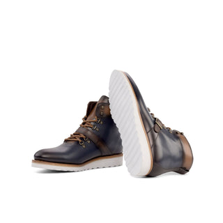 Ambrogio Handmade Navy & Two-Tone Brown Calf-Skin Leather Hiking Boots (AMB2357)-AmbrogioShoes