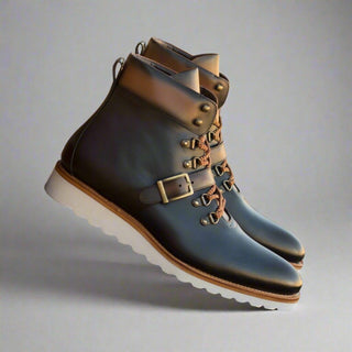 Ambrogio Handmade Navy & Two-Tone Brown Calf-Skin Leather Hiking Boots (AMB2357)-AmbrogioShoes