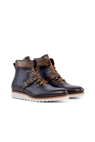 Ambrogio Handmade Navy & Two-Tone Brown Calf-Skin Leather Hiking Boots (AMB2357)-AmbrogioShoes