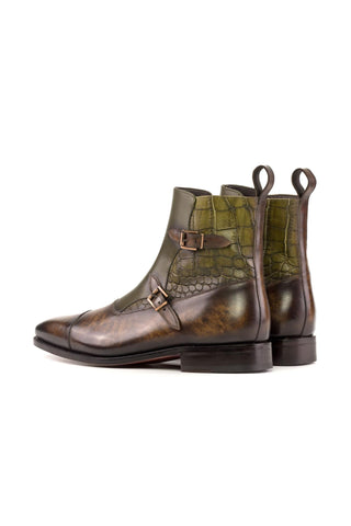 Ambrogio Handmade Olive & Brown Crocodile Print / Patina Leather Octavian Buckle Boots (AMB2417)-AmbrogioShoes