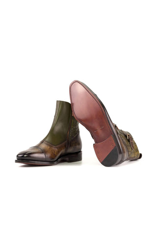 Ambrogio Handmade Olive & Brown Crocodile Embossed / Patina Leather Octavian Buckle Boots (AMB2417)-AmbrogioShoes