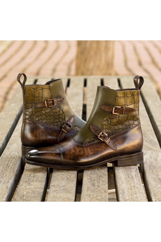 Ambrogio Handmade Olive & Brown Crocodile Embossed / Patina Leather Octavian Buckle Boots (AMB2417)-AmbrogioShoes