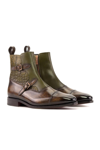 Ambrogio Handmade Olive & Brown Crocodile Print / Patina Leather Octavian Buckle Boots (AMB2417)-AmbrogioShoes