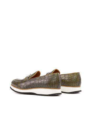 Ambrogio Handmade Olive Crocodile Embossed Leather Horsebit Loafers (AMB2273)-AmbrogioShoes