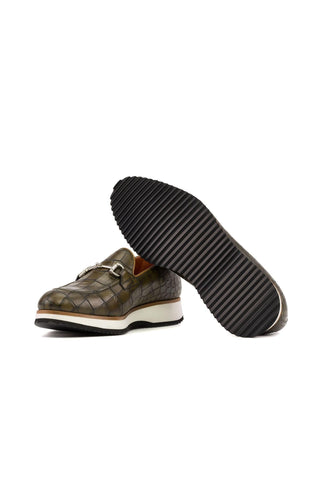 Ambrogio Handmade Olive Crocodile Embossed Leather Horsebit Loafers (AMB2273)-AmbrogioShoes