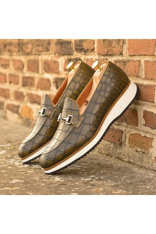 Ambrogio Handmade Olive Crocodile Embossed Leather Horsebit Loafers (AMB2273)-AmbrogioShoes