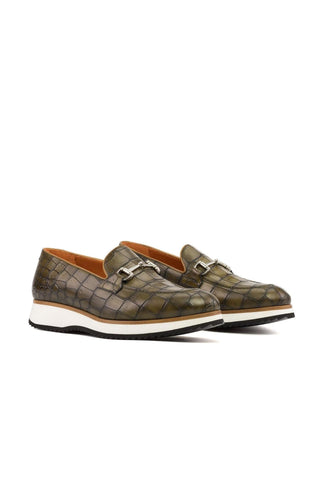 Ambrogio Handmade Olive Crocodile Embossed Leather Horsebit Loafers (AMB2273)-AmbrogioShoes