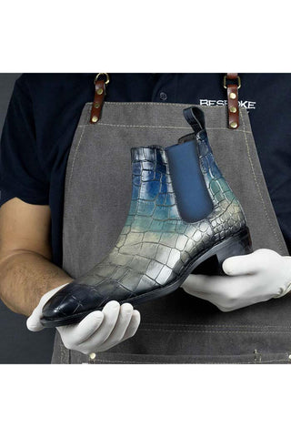 Ambrogio Handmade Three-Tone Crocodile Print / Pretoria Patina Leather Chelsea Boots (AMB2163)-AmbrogioShoes