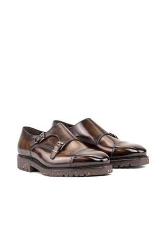 Ambrogio Handmade Tobacco Patina Leather Cap-Toe Monk-Straps Loafers (AMB2305)-AmbrogioShoes