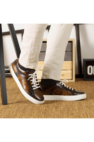 Ambrogio Handmade Tobacco Patina Leather Casual Trainer Sneakers (AMB2333)-AmbrogioShoes